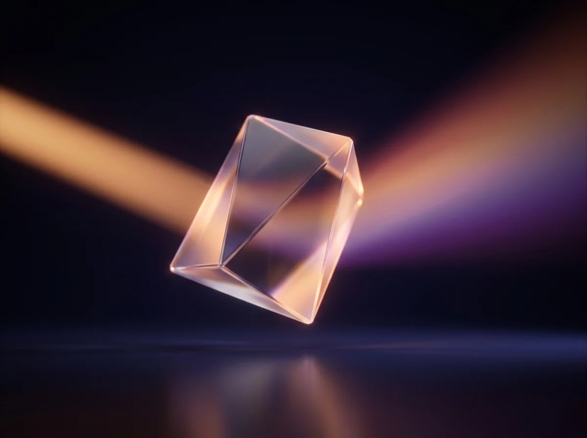 A glass prism bringing a beam of light into a focused amber-to-violet spectrum
